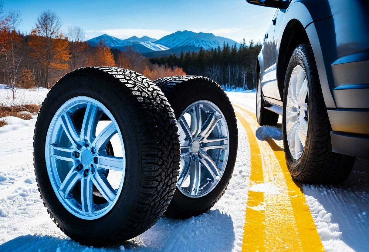 A split image showcasing two types of tires, one winter and one summer, with snowflakes on one side and sun rays on the other. Incorporate a mechanic's toolbox and a measuring tape to emphasize tire selection. Add a subtle overlay of a road winding through various seasonal landscapes to illustrate versatility. The color scheme should reflect cool blues for winter and warm yellows for summer, creating a dynamic contrast. super-realistic. vibrant colors. white background.