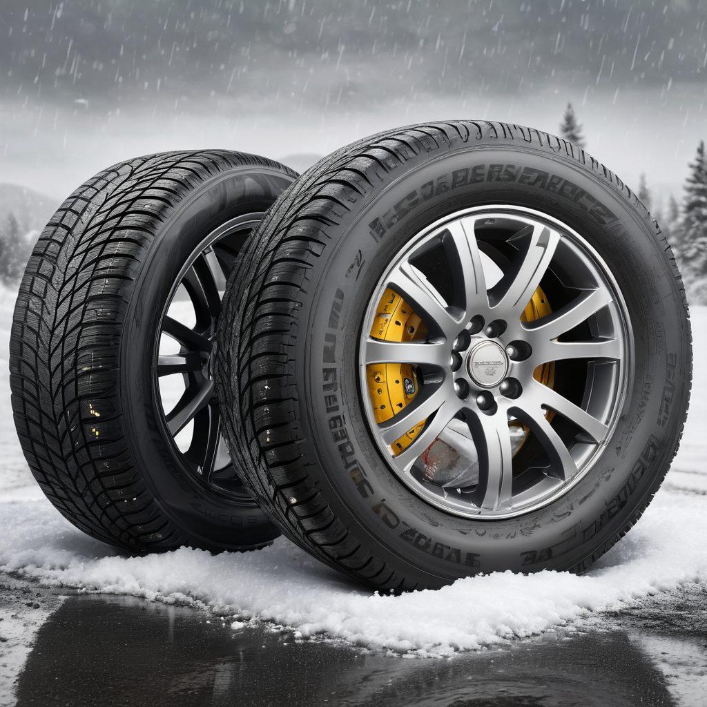 A dynamic illustration of various car tires featuring seasonal distinctions (winter, summer, all-season) with performance ratings and evaluation icons displayed around them. The background shows road conditions reflecting different seasons, like snow, rain, and dry asphalt. Include a measuring tape and checklist to symbolize selection tips. super-realistic. vibrant colors. clear background.