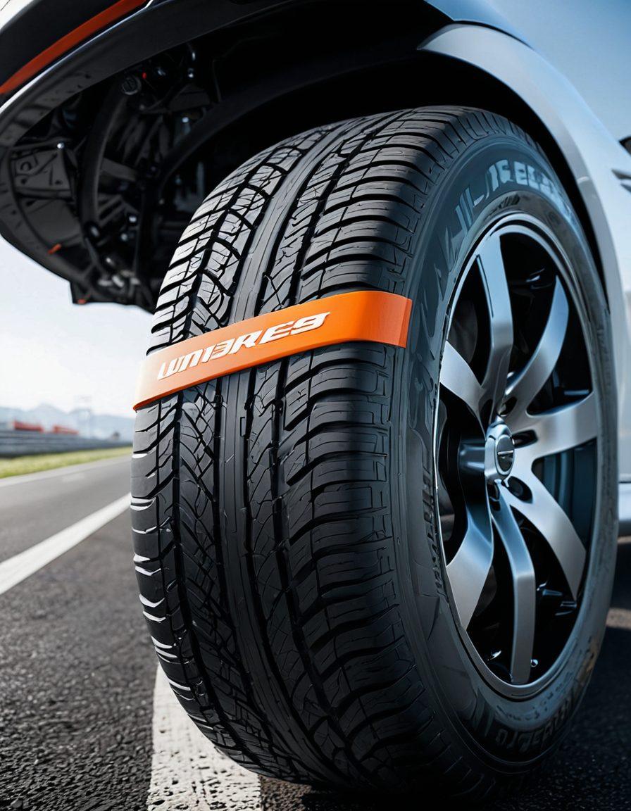 A detailed close-up of various tire treads showcasing unique patterns, with safety rating symbols artfully integrated into the design. In the background, a dynamic road scene illustrates tire performance in action, featuring a car making a sharp turn. The color palette should convey reliability and modernity, with textures that highlight different tire materials. super-realistic. vibrant colors. white background.